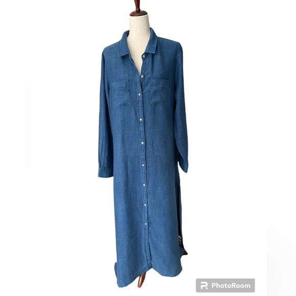 Faherty Dresses & Skirts - Faherty Indigo Dyed 100% linen long shirt dress size XL